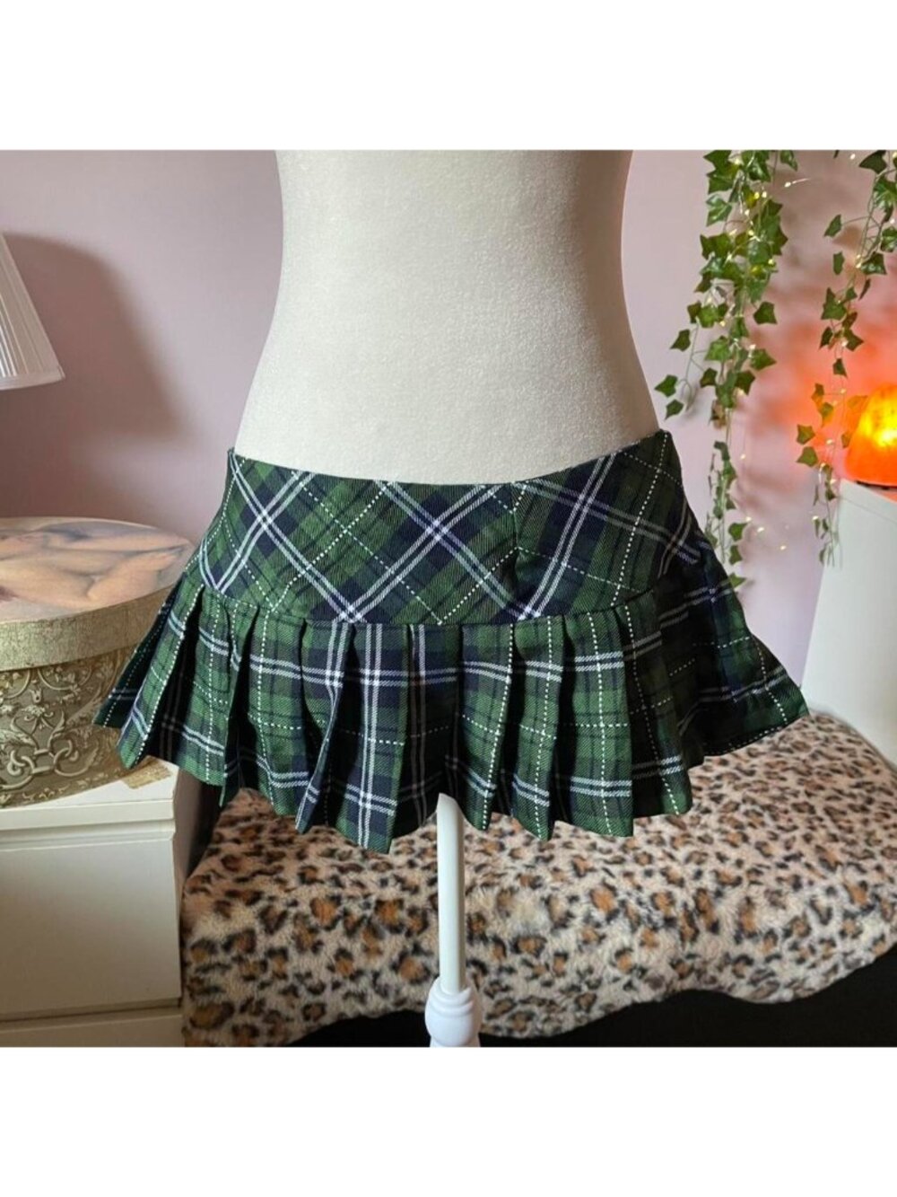 Green plaid pleated micro skirt